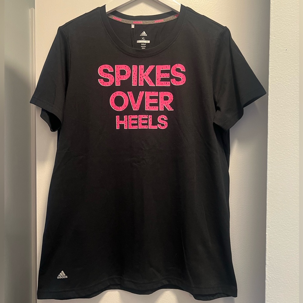 NWT • Adidas “Spikes Over Heels” golf T-shirt